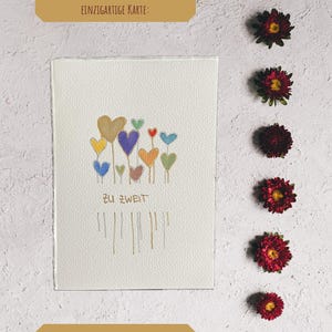 Cartão de casamento pintado à mão “Para dois” – Desenho de uma linha e aquarela – cartão de felicitações de 10 x 15 cm com linhas delicadas