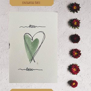 Tarjeta de acuarela pintada a mano con corazón “Alles Liebe” – Dibujo de una línea y acuarela – Tarjeta de felicitación de 10 x 15 cm con líneas delicadas