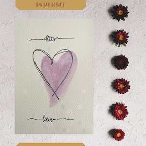 Tarjeta de acuarela pintada a mano con corazón “Alles Liebe” – Dibujo de una línea y acuarela – Tarjeta de felicitación de 10 x 15 cm con líneas delicadas