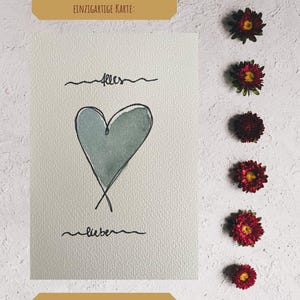 Tarjeta de acuarela pintada a mano con corazón “Alles Liebe” – Dibujo de una línea y acuarela – Tarjeta de felicitación de 10 x 15 cm con líneas delicadas