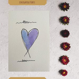 Handgeschilderde aquarelkaart met hart "Alles Liebe" - One Line Drawing & Watercolor - 10 x 15 cm wenskaart met delicate lijnen