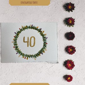 Cartão de aniversário em aquarela feito à mão para o aniversário de 40 anos – Cartão exclusivo 10 x 15 cm com linhas delicadas – Arte delicada em aquarela para o aniversário