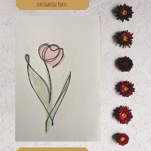 Handgeschilderde aquarelkaart met tulp – One Line Drawing & Watercolor – Wenskaart van 10 x 15 cm met delicate lijnen