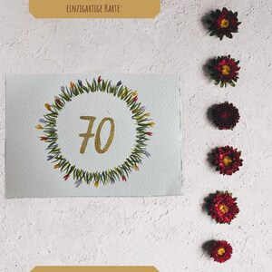 Cartão de aniversário em aquarela feito à mão para o 70º aniversário – Cartão exclusivo 10 x 15 cm com linhas delicadas – Arte delicada em aquarela para o aniversário