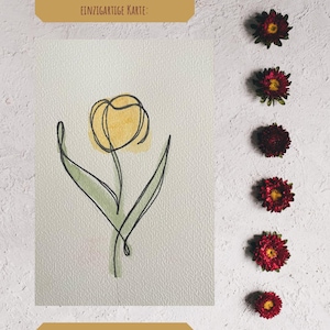 Handgeschilderde aquarelkaart met tulp – One Line Drawing & Watercolor – Wenskaart van 10 x 15 cm met delicate lijnen