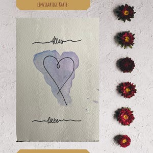 Handgeschilderde aquarelkaart met hart "Alles Liebe" - One Line Drawing & Watercolor - 10 x 15 cm wenskaart met delicate lijnen