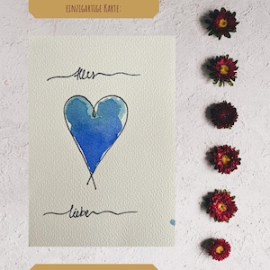 Handgeschilderde aquarelkaart met hart "Alles Liebe" - One Line Drawing & Watercolor - 10 x 15 cm wenskaart met delicate lijnen