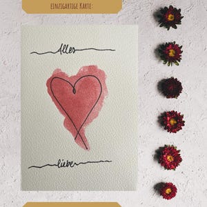 Biglietto d'auguri con cuore dipinto a mano con acquerello "Alles Liebe" – Disegno a una linea e acquerello – Biglietto d'auguri 10 x 15 cm con linee delicate