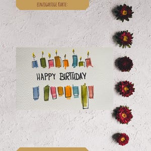 Cartão de aniversário em aquarela feito à mão – Cartão exclusivo de 10 x 15 cm com linhas delicadas – Arte delicada em aquarela para aniversários
