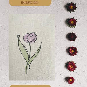 Handgeschilderde aquarelkaart met tulp – One Line Drawing & Watercolor – Wenskaart van 10 x 15 cm met delicate lijnen