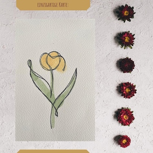 Handgemalte Aquarellkarte mit Tulpe – One Line Drawing & Aquarell – 10x15 cm Grußkarte mit zarten Linien