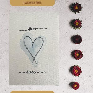 Handgeschilderde aquarelkaart met hart "Alles Liebe" - One Line Drawing & Watercolor - 10 x 15 cm wenskaart met delicate lijnen