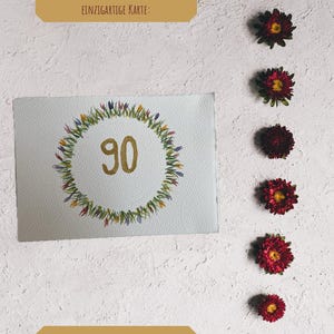 Biglietto di auguri di compleanno fatto a mano con acquerello per il 90° compleanno – Biglietto unico 10 x 15 cm con linee delicate – Delicata arte ad acquerello per compleanni