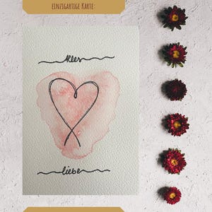 Handgeschilderde aquarelkaart met hart "Alles Liebe" - One Line Drawing & Watercolor - 10 x 15 cm wenskaart met delicate lijnen