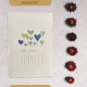 Tarjeta de boda pintada a mano «para siempre» – Dibujo de una línea y acuarela – Tarjeta de felicitación de 10 x 15 cm con líneas delicadas