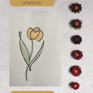 Handgeschilderde aquarelkaart met tulp – One Line Drawing & Watercolor – Wenskaart van 10 x 15 cm met delicate lijnen