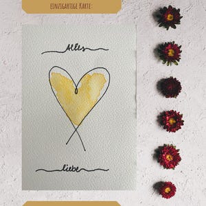 Tarjeta de acuarela pintada a mano con corazón “Alles Liebe” – Dibujo de una línea y acuarela – Tarjeta de felicitación de 10 x 15 cm con líneas delicadas