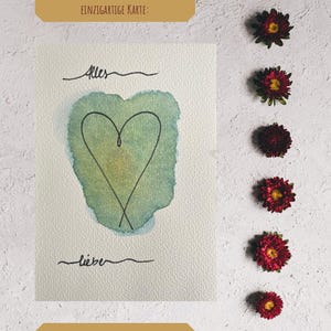 Handgeschilderde aquarelkaart met hart "Alles Liebe" - One Line Drawing & Watercolor - 10 x 15 cm wenskaart met delicate lijnen
