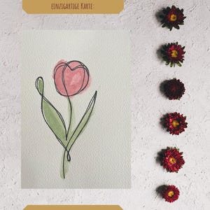 Handgemalte Aquarellkarte mit Tulpe – One Line Drawing & Aquarell – 10x15 cm Grußkarte mit zarten Linien