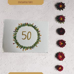 Cartão de aniversário em aquarela feito à mão para o 50º aniversário – Cartão exclusivo 10 x 15 cm com linhas delicadas – Arte delicada em aquarela para o aniversário