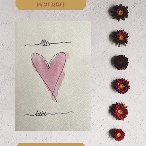 Handgeschilderde aquarelkaart met hart "Alles Liebe" - One Line Drawing & Watercolor - 10 x 15 cm wenskaart met delicate lijnen