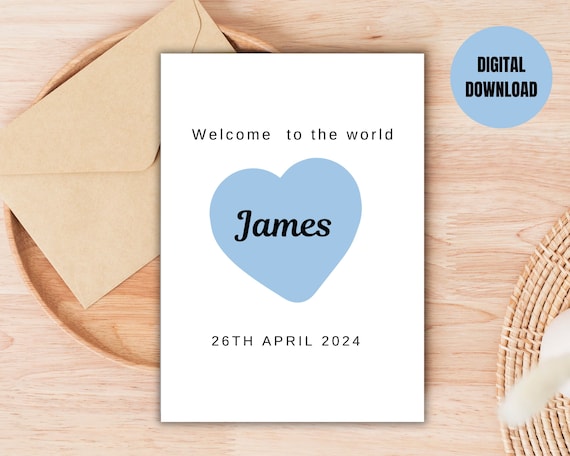 Personalised Baby Boy Card- Welcome to the World- New Born Baby Card- New Baby Boy Card-Blue Heart Baby Congratulations Card