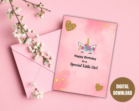 Personalized Printable Unicorn Happy Birthday Card for Kids and Girls - Instant Digital Download.