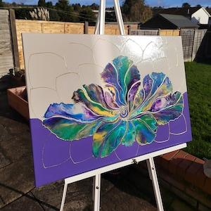 Fluid Acrylic Pour Painting 50x70cm on Canvas Original Dutch Pour Home Decor Modern Abstract Art Flower 3D Gold Artwork One of a Kind Gift