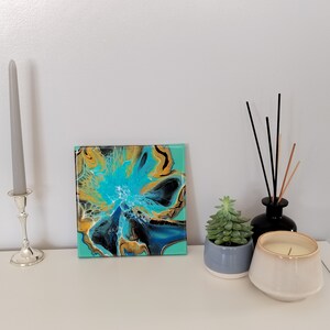 20x20cm Blue Flower Acrylic Pour Painting Bloom on Canvas Abstract Room Decor Modern Art Interior Design Artwork Fluid Art Original Painting