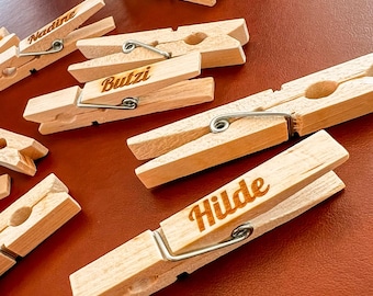 Wooden clips personalized with your logo or name - name tags for weddings, birthday parties, corporate events