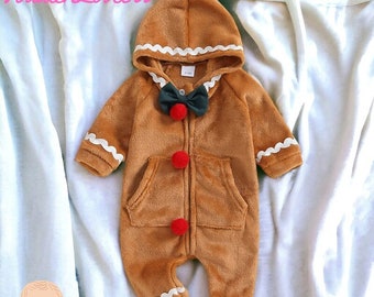 Gingerbread man Romper Newborn Gingerbread man Jumpsuit Warm Hooded Baby Jumpsuit Cosy Baby Romper Baby Gingerbread man Costume Toddler Gift