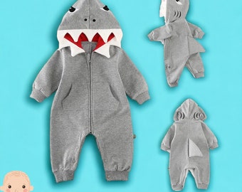 Cute Shark Romper - Unisex Baby Shark Jumpsuit - Newborn Unisex Long Sleeve Hooded Romper - Newborn Spring Romper - Baby Shark Baby Costume