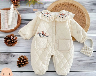 Handgeborduurde winterbaby jumpsuit - baby gewatteerde romper winter jumpsuit - warme winter jumpsuit voor peuters - winterpeuterkleding