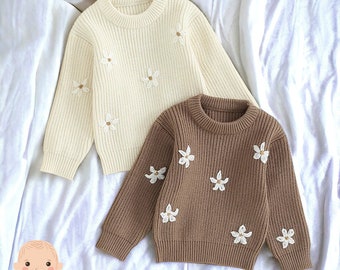 Knitted Embroidered Flower Baby Sweater - Knitted Baby Sweater - Flower Embroidered Sweater - Knit Baby Sweater - Summer Embroidered Sweater