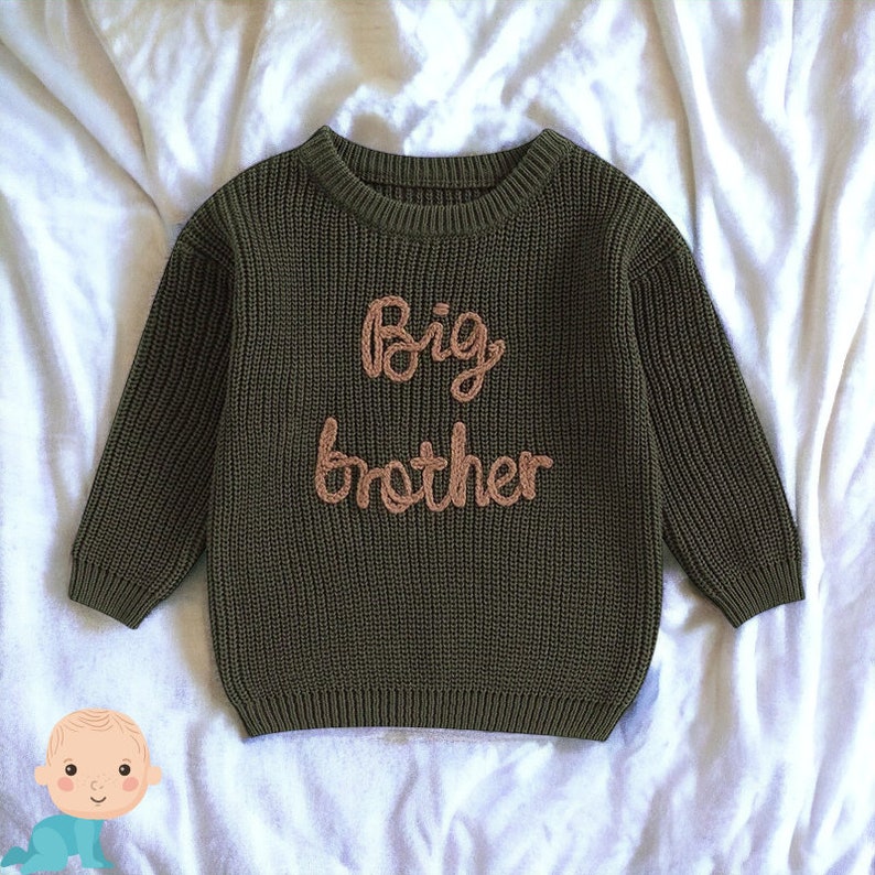 Pull en tricot Big Brother Pull Big Brother Vêtements Big Brother Cadeau Big Brother Pull brodé Cadeau vêtements Big Brother Army Green