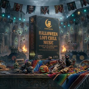 Peut inclure: Une boîte rectangulaire noire étiquetée Halloween Lofi Chill Music avec un logo de hibou, entourée de crânes, d'une citrouille d'Halloween, d'une figurine de chat noir, d'une cassette et de vinyles sur un tissu rayé, avec des notes de musique.