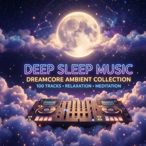 Puede incluir: Un controlador de DJ negro se encuentra entre nubes moradas y azules bajo una gran luna llena brillante en un cielo estrellado. El texto dice DEEP SLEEP MUSIC, DREAMCORE AMBIENT COLLECTION, 100 TRACKS, RELAXATION, MEDITATION y music for you.