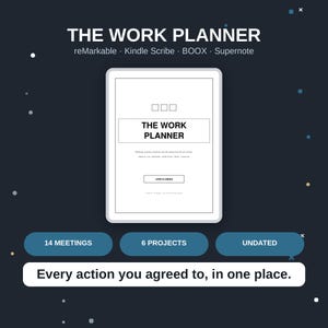 Op de afbeelding: Een digitale tablet met een wit scherm getiteld THE WORK PLANNER, compatibel met reMarkable, Kindle Scribe, BOOX en Supernote. Hieronder staan drie blauwe knoppen met 14 MEETINGS, 6 PROJECTS en UNDATED. Een witte balk toont de tekst: Every action you agreed to, in one place.