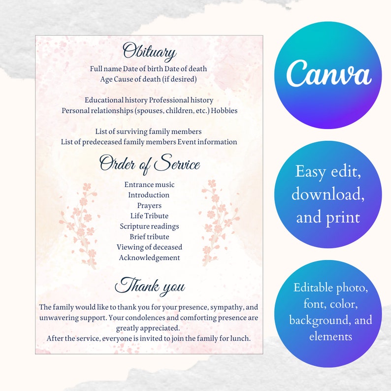 Editable Funeral Program Template Printable Memorial Etsy