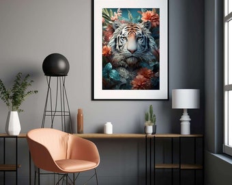 Photo Affiche d'un tigre au milieu des fleurs - tirage sur papier photo lustré 260g/m2