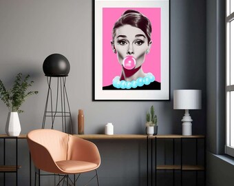 Affiche d'Audrey Hepburn Pop Bubble Gum - tirage sur papier photo lustré 260g/m2