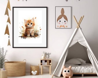 Photo Affiche un adorable chaton roux façon aquarelle- tirage sur papier photo lustré 260g/m2