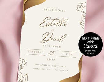 May include: A rectangular Save the Date card with a cream background, gold abstract wave accents, and gold floral line art. The text reads: Save the Date, Estelle & David, September 25, 2024, Los Angeles, California, Formal Invitaion to Follow.