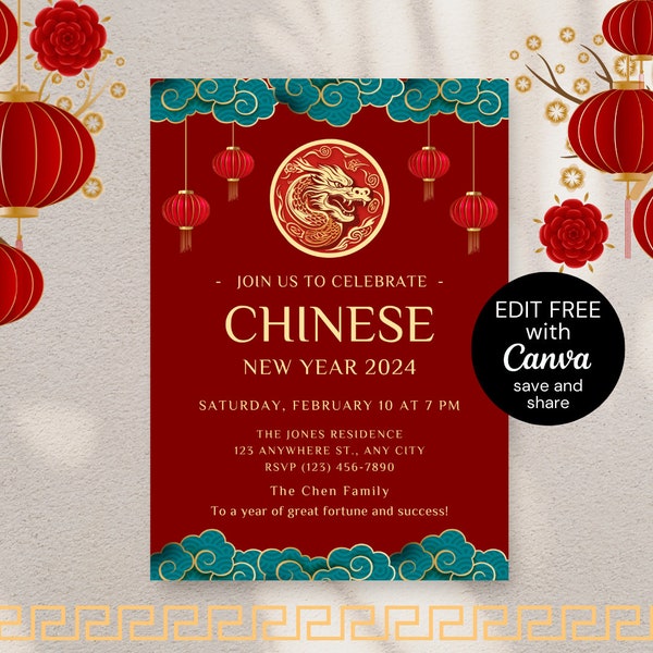 Chinese New Year Invitation Template, 2024 Dragon New Year, Lunar New Year, Chinese Celebration, Printable Download E-Card, CNY Red Gold