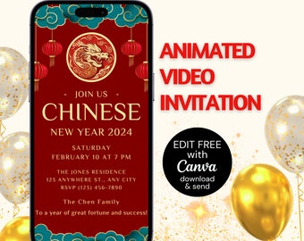 Chinese New Year Invitation Template, 2024 Dragon New Year, Lunar New Year 2024, Chinese Celebration, Red & Gold Modern CNY Video Invite