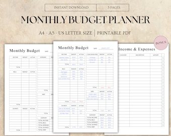 Op de afbeelding: Printbare maandelijkse budgetplanner in A4, A5 en US-letter formaten. De planner bevat secties voor inkomsten, uitgaven, rekeningen, besparingen en schulden. Er is ook een aparte pagina voor het bijhouden van inkomsten en uitgaven.