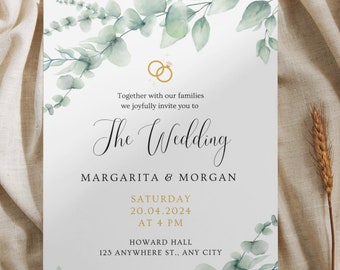 Greenery Wedding Invitation Template, Eucalyptus Wedding Invitation card, Greenery Gold Wedding Invitation Template, Download Printable Card