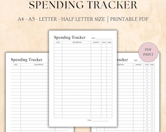 Printable Spending Tracker, Expense Tracker, Simple Monthly Spending Tracker, Spending Overview, A4/A5/Letter/Half Size Instant Download PDF