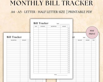 Classic Monthly Bill Tracker Printable, Bill Payment Checklist, Bill Organizer, Finance Planner A4/A5/Letter/Half Size, Instant Download PDF