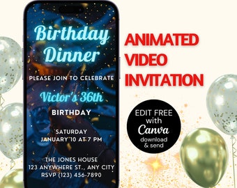 Pode incluir: Um smartphone exibindo um convite digital para jantar de aniversário com texto em neon azul lendo Birthday Dinner, Victor's 36th Birthday e detalhes. A tela é cercada por balões dourados e glitter dourado em um fundo creme.
